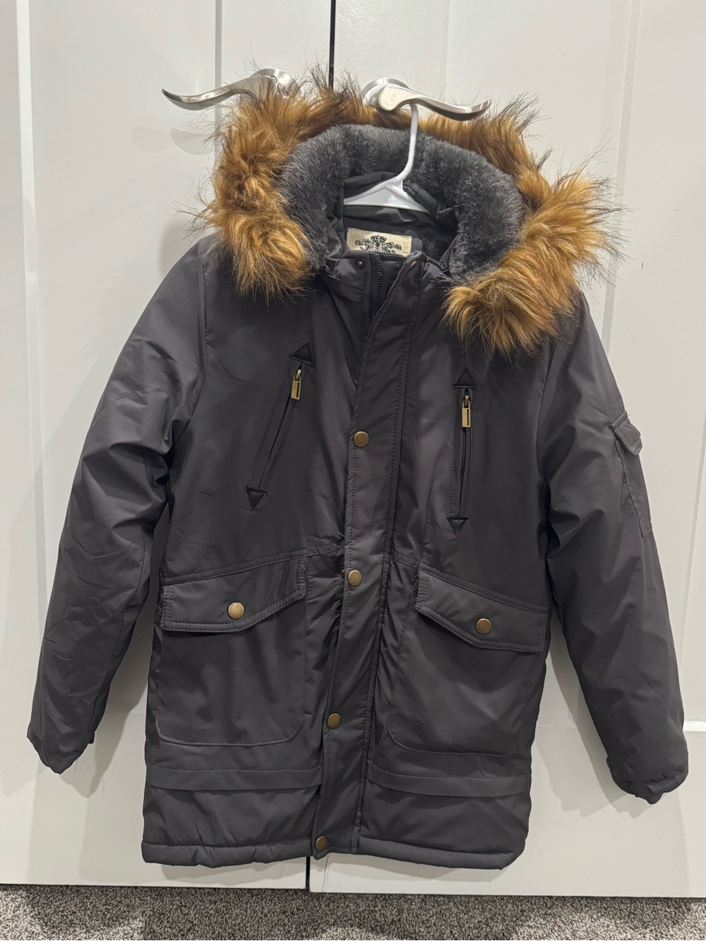 Gray Parka with Brown Faux Fur Hood Trim